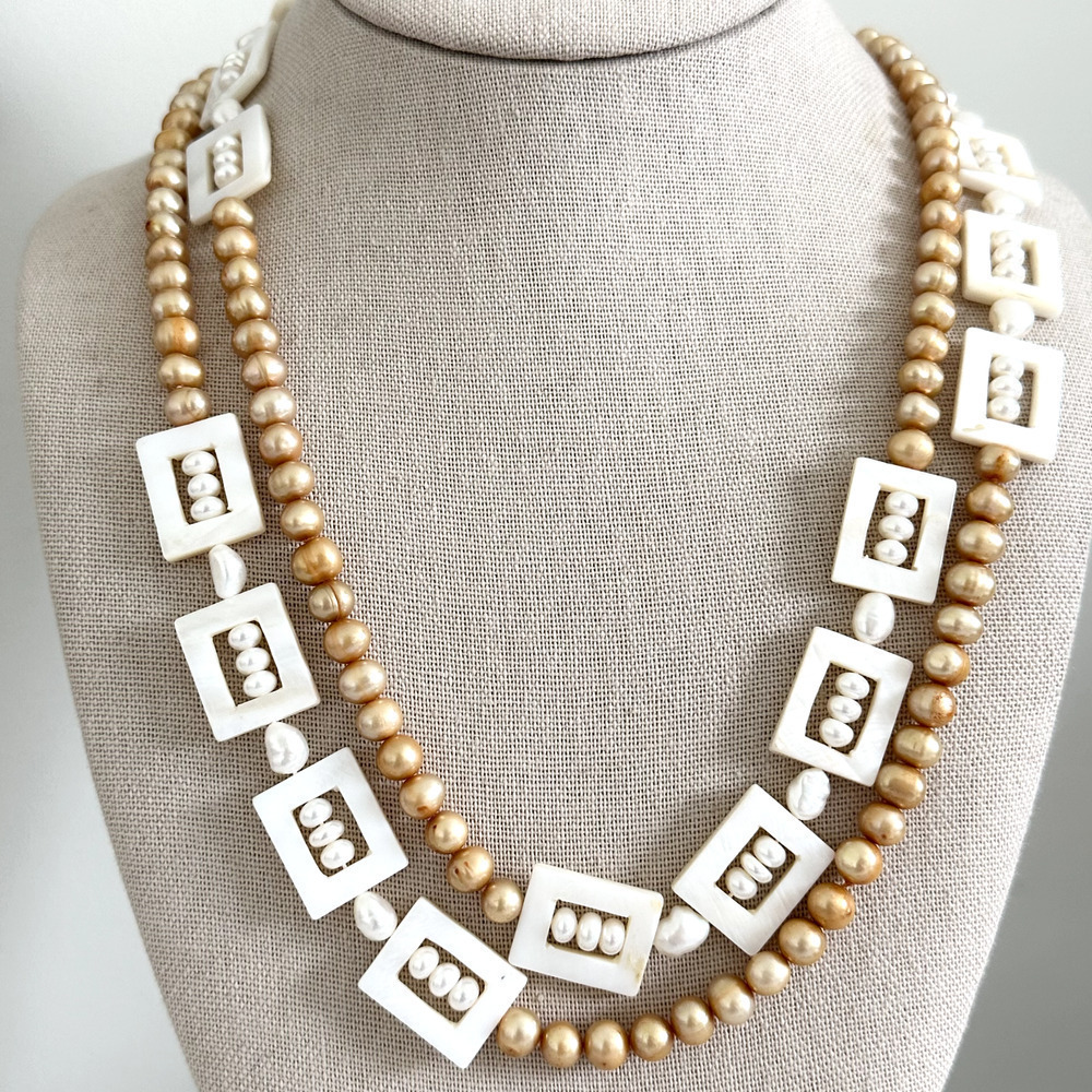 Vintage Real Genuine Pearl Beaded & Mother Of Pearl Long Chunky Necklace 44"